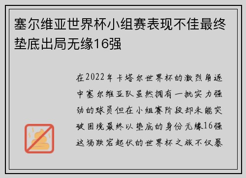 塞尔维亚世界杯小组赛表现不佳最终垫底出局无缘16强