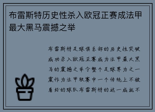 布雷斯特历史性杀入欧冠正赛成法甲最大黑马震撼之举 布雷斯特历史性杀入欧冠正赛成法甲最大黑马震撼之举