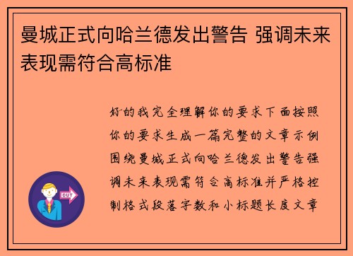 曼城正式向哈兰德发出警告 强调未来表现需符合高标准